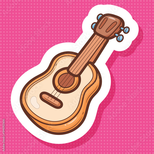Cartoon Ukulele Sticker on Pink Pop Art Background Vector Art