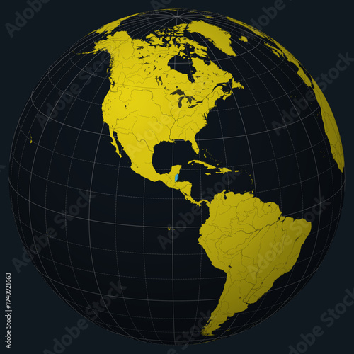Belize on Globe. Country view on the world map in Charcoal Bright Yellow color palette. Belize shape on map. Globe with meridians, parallels, countries, rivers and lakes.
