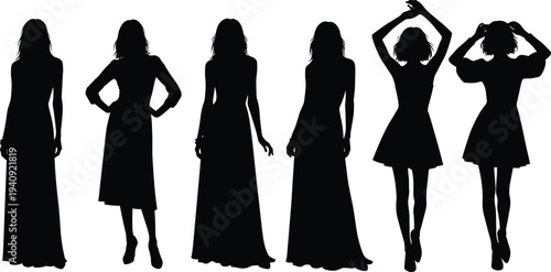 Elegant women silhouettes collection featuring fashionable female figures in long dresses and stylish poses, glamour beauty lifestyle illustration isolated on white background