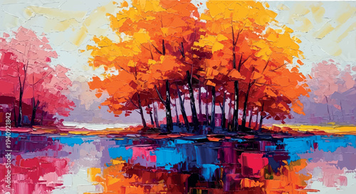 Colorful Autumn Trees Reflected in Water Landscape Painting