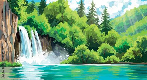 Lush Green Forest Waterfall with Crystal Clear River