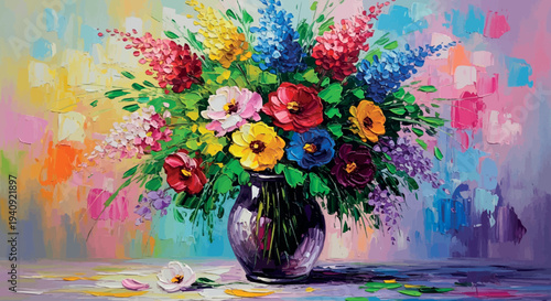 Colorful Flower Bouquet in Vase Still Life Painting