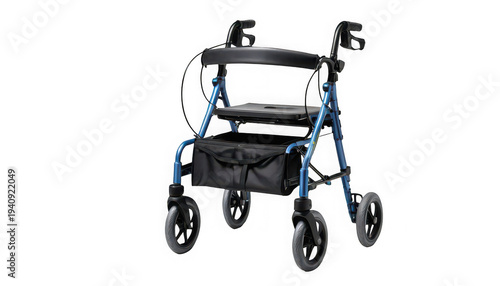 A blue walker with black accents and wheels against a black background