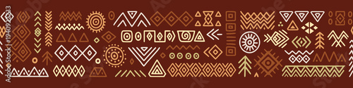 Seamless ethnic border, hand-drawn ethnic geometric elements, tribal pattern African or Indian vector design