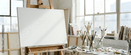 Empty canvas on wooden easel in bright art studio with paintbrushes and palette ready for creative painting session in natural daylight workspace.