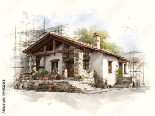 A charming rustic house with stone and wood details is undergoing renovation and construction with scaffolding around its exterior walls.
