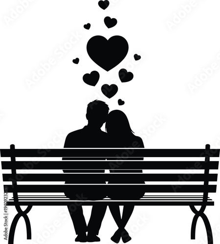 Romantic couple silhouette sitting on park bench with floating hearts above, love relationship concept illustration for Valentine theme isolated on white background