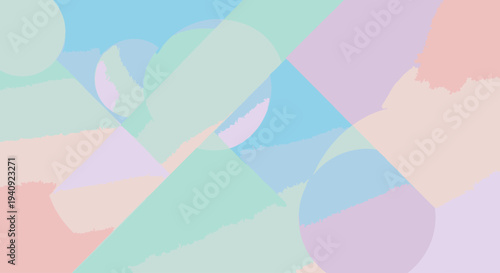 Abstract geometric composition with pastel-colored shapes and overlapping forms in a soft, layered design against a white background.