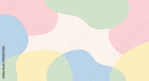 Colorful abstract background with pastel shapes in pink, blue, green, yellow, and white hues on a flat design.