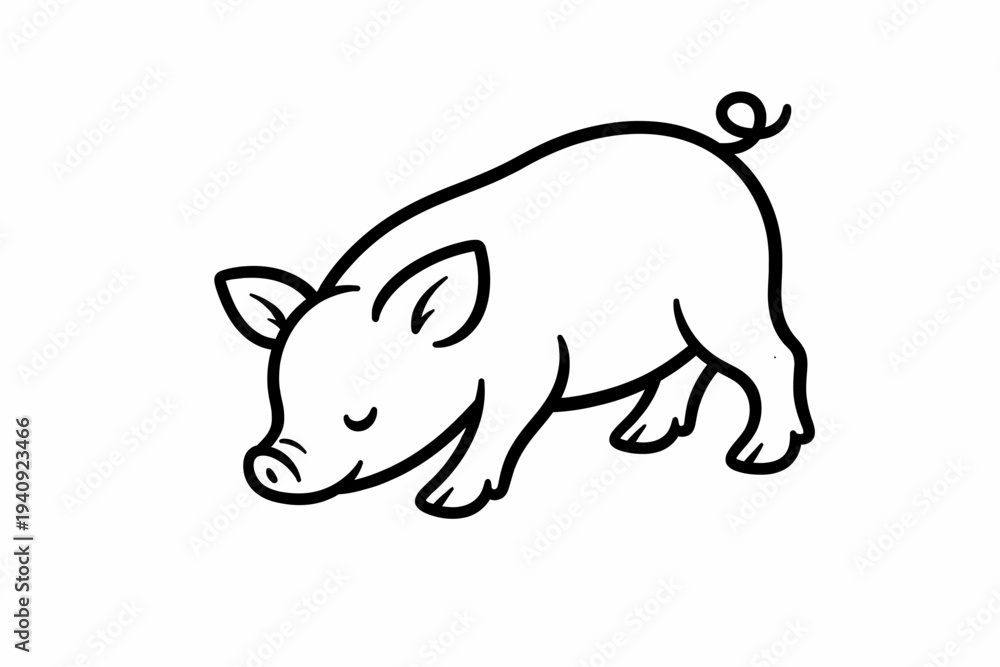 Fototapeta premium Cute cartoon pig in black and white vector illustration isolated animal character drawing style