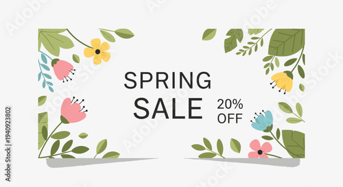 Flat lay of a spring sale sign with floral design on a white background, conveying a promotional and seasonal mood with colorful flowers and leaves.