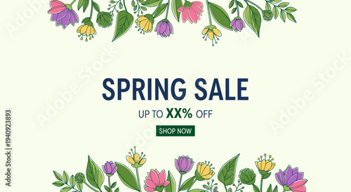 Spring sale advertisement with colorful floral design on a light green background, featuring bold blue text and a promotional offer.