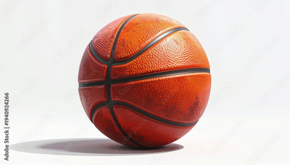 Obraz premium A close-up, studio shot of a standard orange basketball with black lines, casting a subtle shadow on a clean white background
