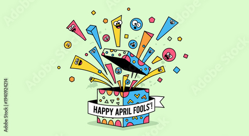 Colorful illustration of a decorated cake with 'HAPPY APRIL FOOLS'' banner and festive confetti on a light green background.