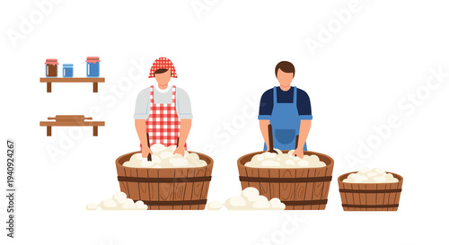 Two cartoon individuals wearing aprons are actively kneading large amounts of white dough in two distinct wooden barrels on a plain white background.