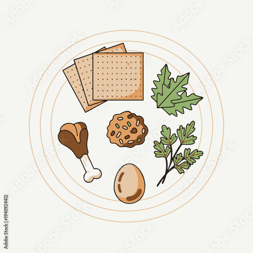 A modern flat illustration of a traditional Passover Seder plate with symbolic foods and matzah on an isolated background.