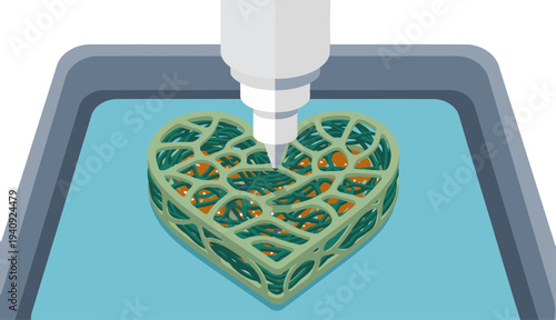 3D bioprinting creates a detailed heart scaffold. Vibrant green and beige hues showcase medical innovation and tissue engineering. Modern, scientific, and visually compelling.