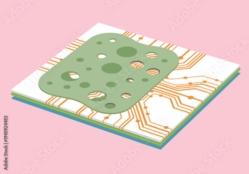Biomaterial skin graft scaffold illustration. Modern, clean design showcasing a layered structure with circuit-like patterns. Ideal for medical, biotech, and science visuals.