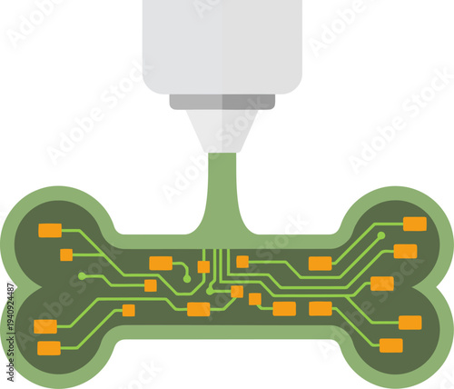 A bioprinter constructs a bone-shaped scaffold, showcasing innovative 3D bone scaffold technology. Modern, clean design with a focus on medical advancements.