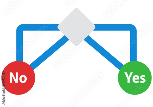 Binary decision tree graphic. A blue diamond splits into 'Yes' (green) and 'No' (red) paths. Clean, modern design. Suitable for tech and business concepts.