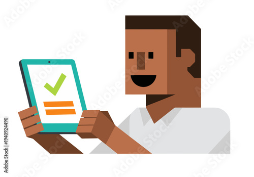 A smiling business owner confidently displays a successful payment on a tablet. Modern, flat design illustration. Bright colors, positive outcome.