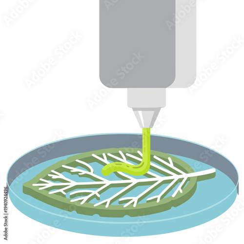 Bioprinting creates a tissue scaffold for plant growth. A nozzle deposits a green material onto a petri dish with a leaf structure. Scientific, modern, and detailed.