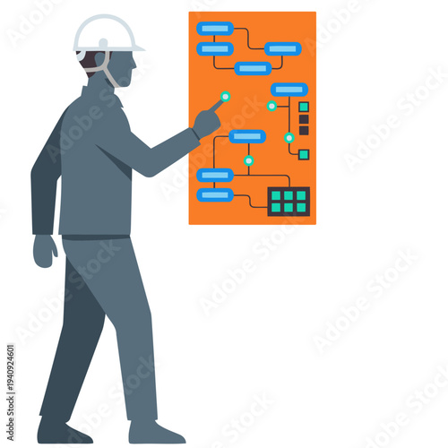 An engineer monitors an AI node system, adjusting parameters on a digital interface. A modern, professional setting showcases technological control and data visualization.
