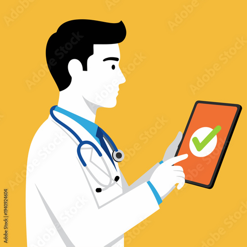 A doctor uses a tablet to confirm medical equipment payment. Modern, clean design with a professional doctor and digital interface. Suitable for healthcare and finance themes.