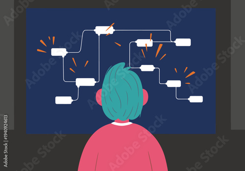 A futuristic AI concept showcases a person contemplating a network of glowing nodes. Bold colors and a dynamic composition evoke innovation and the future of technology.