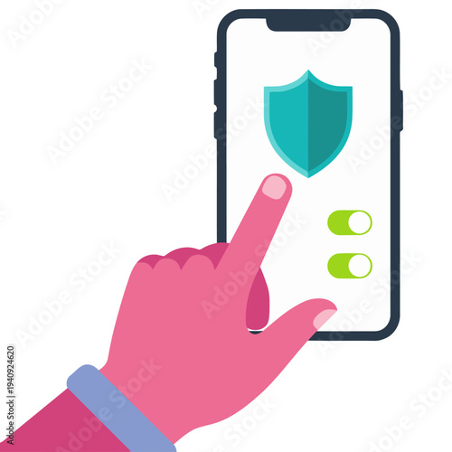 A hand activates a smartphone displaying a shield icon, securing a smart home app. Modern, digital security concept. Clean, bright, and professional.