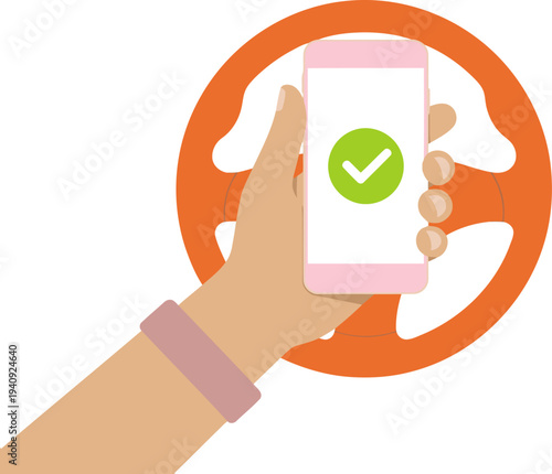 A hand holds a smartphone displaying a successful parking payment confirmation, overlaid on a steering wheel. Modern, clean design. Ideal for digital payments and mobile apps.