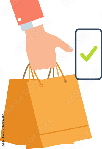 A hand taps 'Purchase' on a smartphone displaying a shopping bag with a checkmark. Modern, vibrant illustration for e-commerce and online shopping concepts.