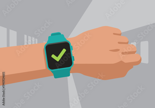 A hand uses a smartwatch to complete a payment transaction, indicated by a checkmark. A blurred commuter station background suggests seamless travel. Modern, vibrant, and focused on convenience.