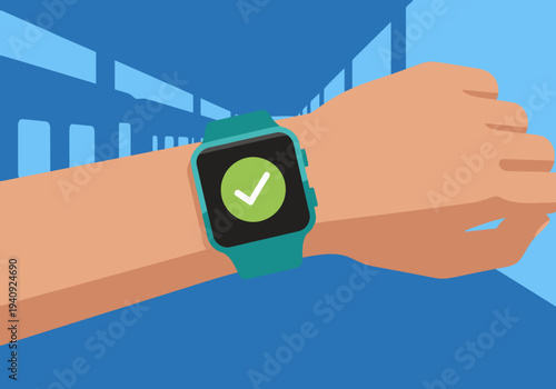 A hand wearing a smartwatch successfully completes a commuter payment. Modern, vibrant illustration with a city backdrop. Focus on convenience and smart technology.
