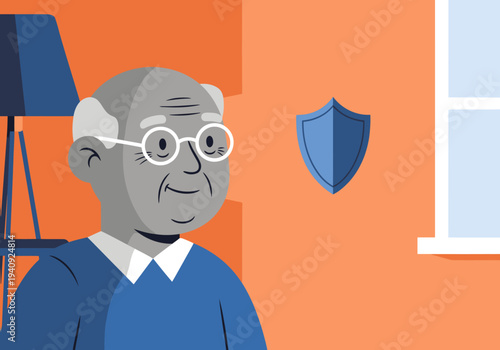 A senior man enjoys peace of mind with a smart home safety system. A shield icon highlights protection, conveying security and well-being. Modern illustration style.