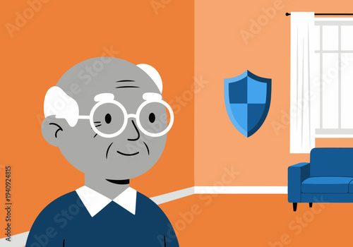 A senior man with glasses enjoys a safe, smart home environment. A shield icon symbolizes protection and well-being. Modern illustration style.