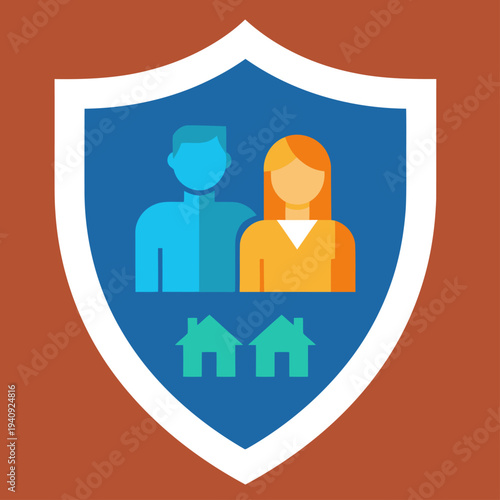 A shield protects a couple and their home, symbolizing security and partnership. Modern, flat design with bright colors. Ideal for family, insurance, and safety concepts.