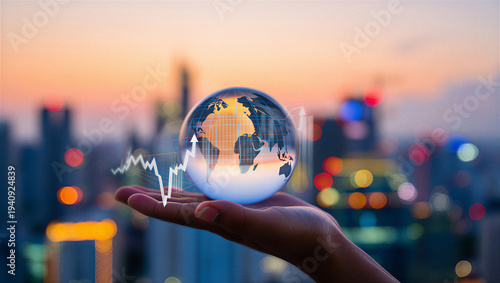International commerce concept with crystal globe in hand and upward trend lines over blurred evening cityscape