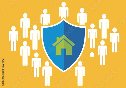 A shield protects a group of people surrounding a house icon.  ?Secure Living Human Shield? text highlights community and safety. Modern, graphic design.