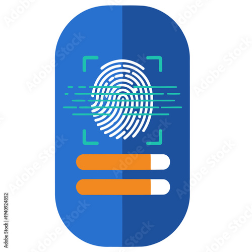 A sleek biometric health sensor patch displays a fingerprint scan alongside vital signs. Modern, digital health technology design. Clean, professional aesthetic.