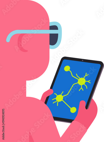 A woman studies neural network data on a tablet. Abstract data nodes glow, highlighting her focus. Modern, digital concept.