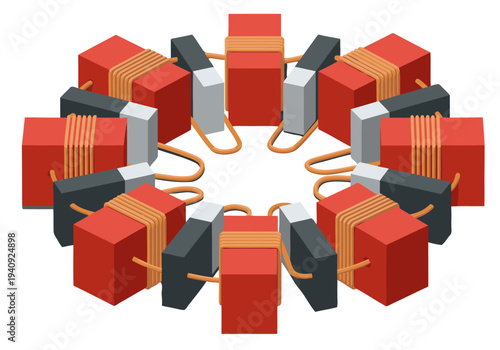 A stylized 3D illustration showcases a magnet generator with copper coils, highlighting its design and functionality. Modern, geometric, and visually appealing for commercial use.