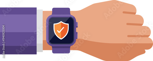 A stylized hand wearing a smartwatch with a shield icon, signifying senior security alert. Modern, flat design illustration. Bright blue background. Professional and protective.