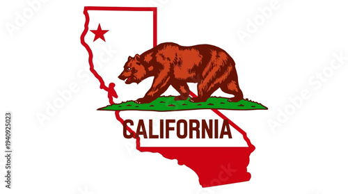 California State Map Outline Graphic Illustration with Grizzly Bear, Red Star, and State Name on White Background