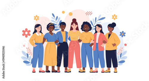 Illustration of diverse women celebrating International Women's Day with a colorful design on a white background, promoting gender equality and women's empowerment.