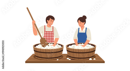 A smiling cartoon man stirs dough with a large wooden paddle while a woman kneads dough by hand in separate wooden barrels on a plank.