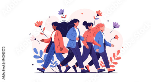 Illustration of diverse women walking together in a colorful design for International Women's Day with a vibrant background and floral elements.