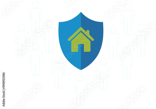 A stylized shield protects a group of people, symbolizing security and family. Modern, graphic design. Suitable for business and lifestyle concepts.
