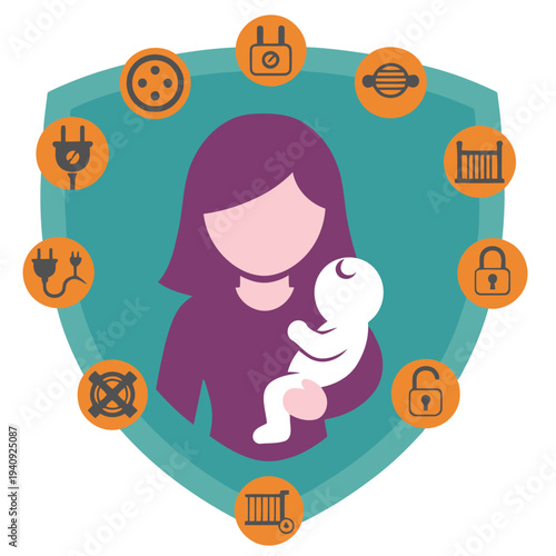 A stylized shield protects a mother and baby, symbolizing safety and care. Modern, vibrant design with icons representing essential baby items. Ideal for family, parenting, and wellness themes.