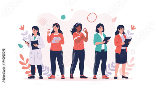Illustration of diverse women in business attire with tablets and documents on a white background celebrating International Women's Day with a colorful design